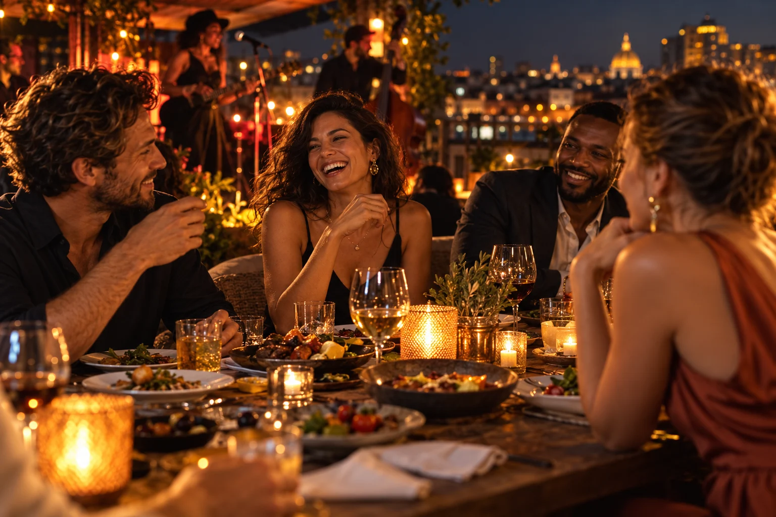 Adult friends sharing food and conversation at a warmly lit rooftop music venue.